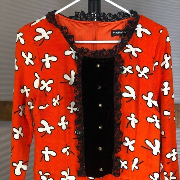 Vintage Orange‎ White Retro Pattern Dress with Lace Velvet Front Sz L - Picture 5 of 8